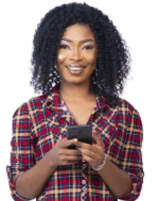 vertical shot pretty black woman smiling while using her-phone